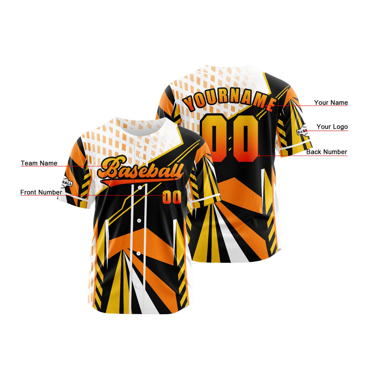 Camiseta de béisbol naranja personalizada con botones para hombre mujer adulto y joven Nombre número y logotipo impresos