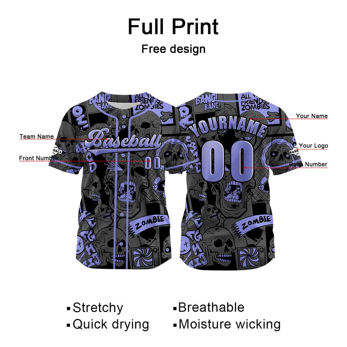 Camiseta de béisbol gris personalizada con nombre número y logotipo personalizados