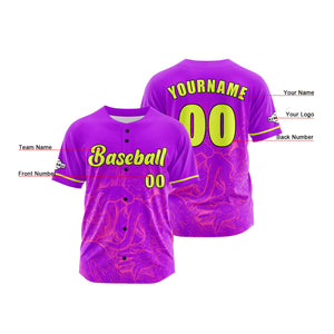 Camiseta de béisbol morada personalizada con botones para hombre mujer adulto y joven Estampado de nombre número y logotipo