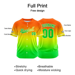 Dise?o personalizado de camiseta de béisbol con estampado completo en verde amarillo y naranja
