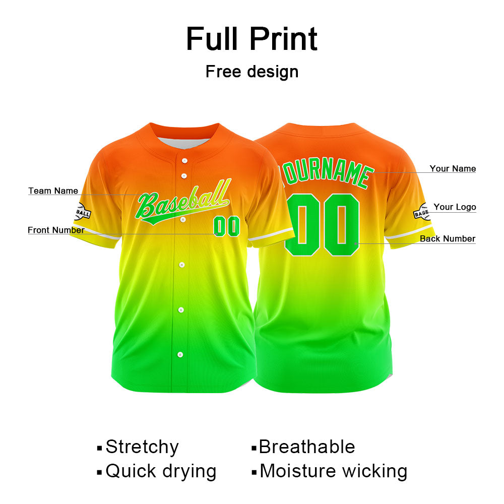 Dise?o personalizado de camiseta de béisbol con estampado completo en verde amarillo y naranja