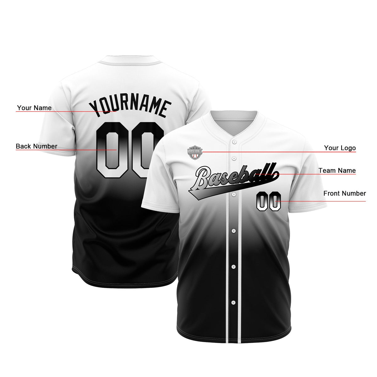 Camisetas de béisbol personalizadas con degradado nombre número y logotipo