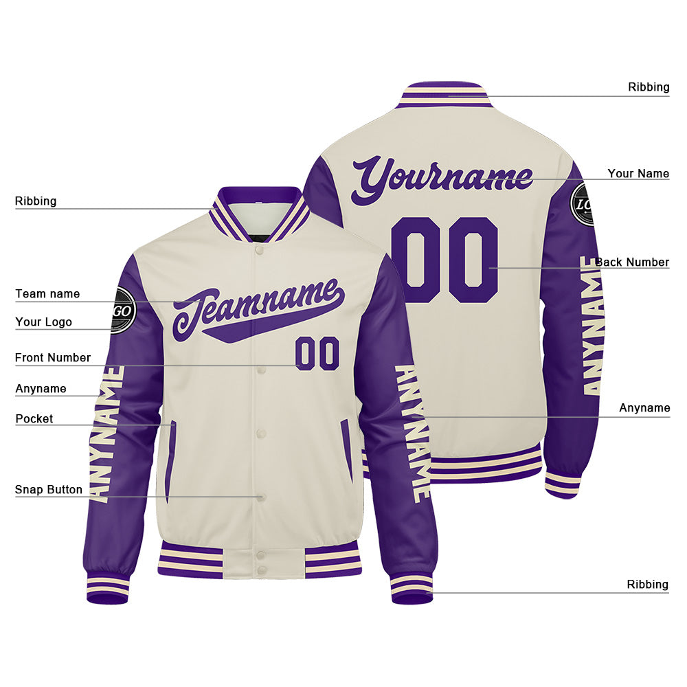 Chaquetas universitarias personalizadas color crema púrpura para hombres & mujeres y jóvenes & Chaquetas Letterman personalizadas