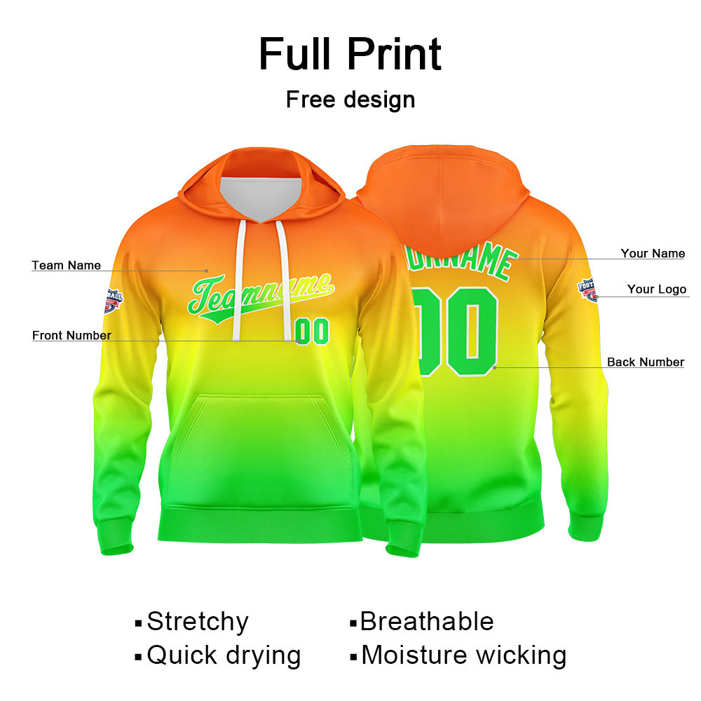 Sudadera con capucha personalizada con degradado para hombre-mujer-niña o niño Estampa tu logotipo-nombre o número en naranja-amarillo y verde