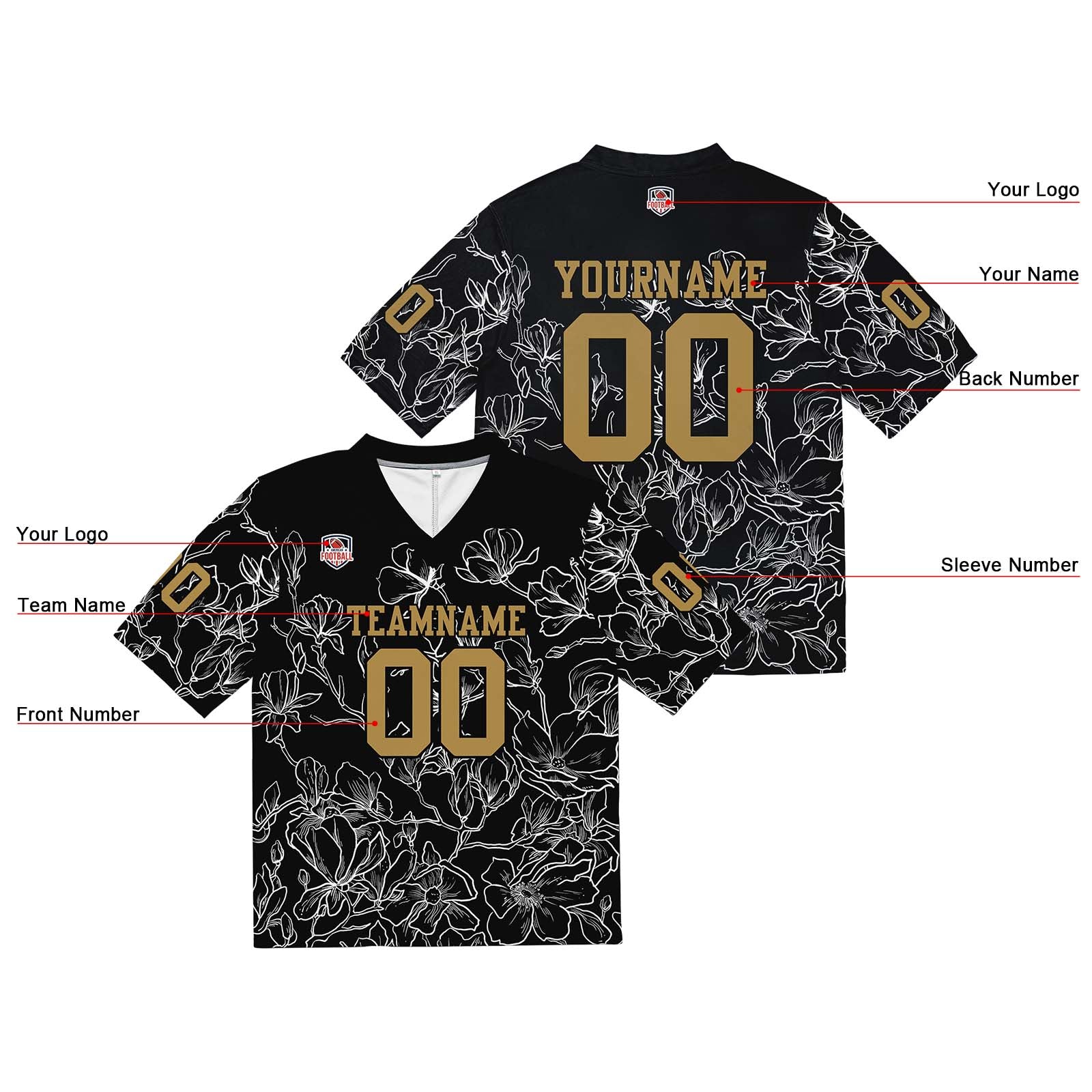 Camiseta de fútbol personalizada con nombre y número del equipo impresos y bordados-color negro