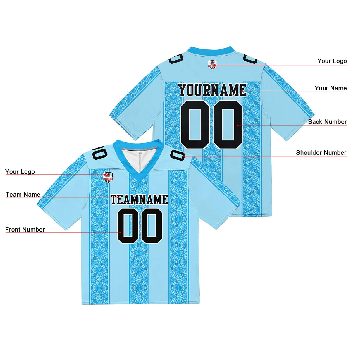 Camiseta de fútbol personalizada con franja azul y nombre del equipo impresos y bordados