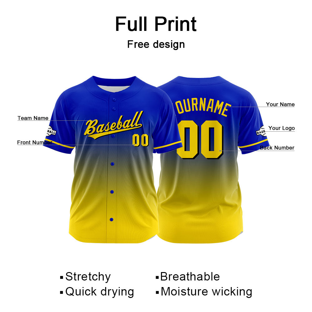 Camiseta de béisbol con dise?o personalizado estampado completo en amarillo y azul
