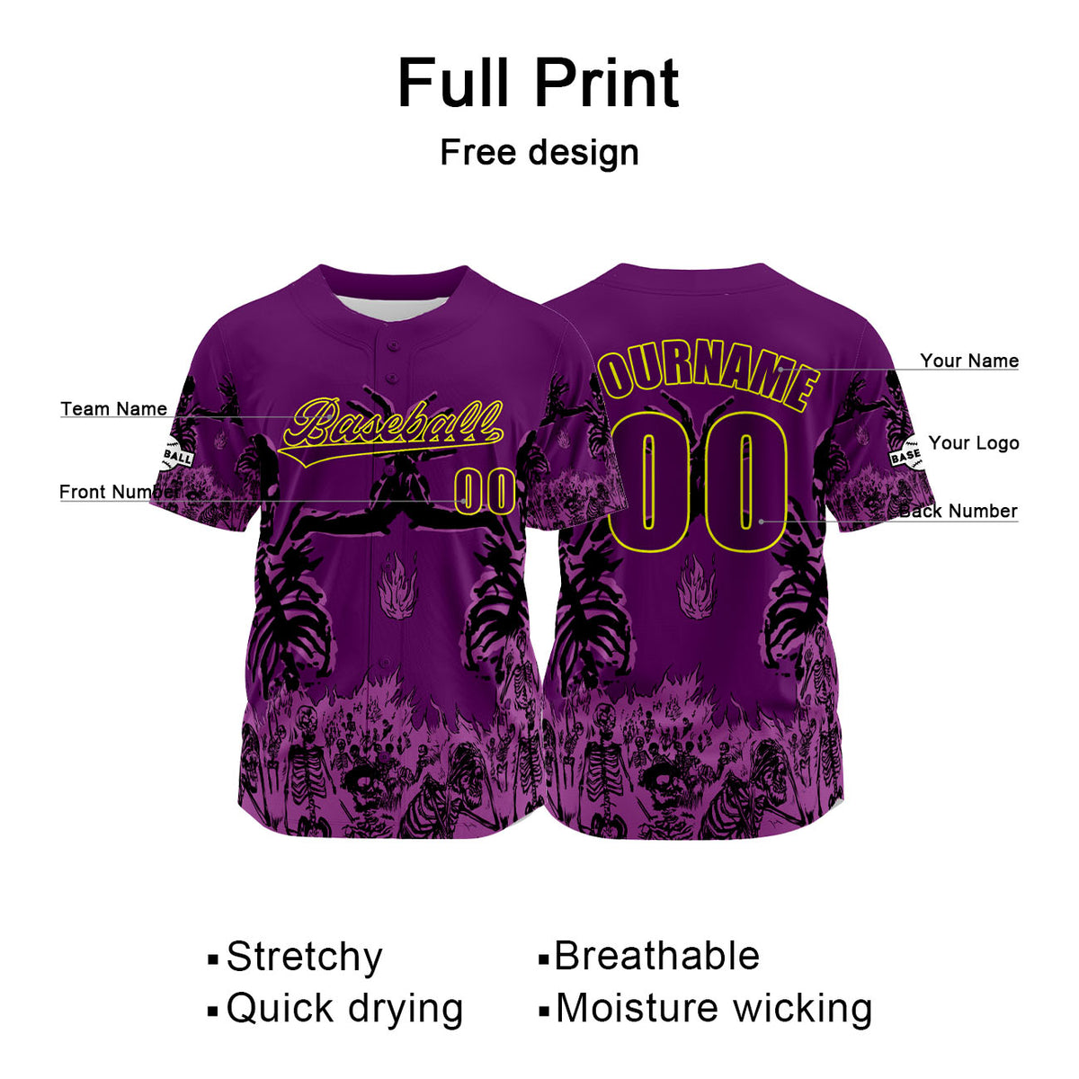 Camiseta de béisbol morada personalizada con nombre número y logotipo personalizados