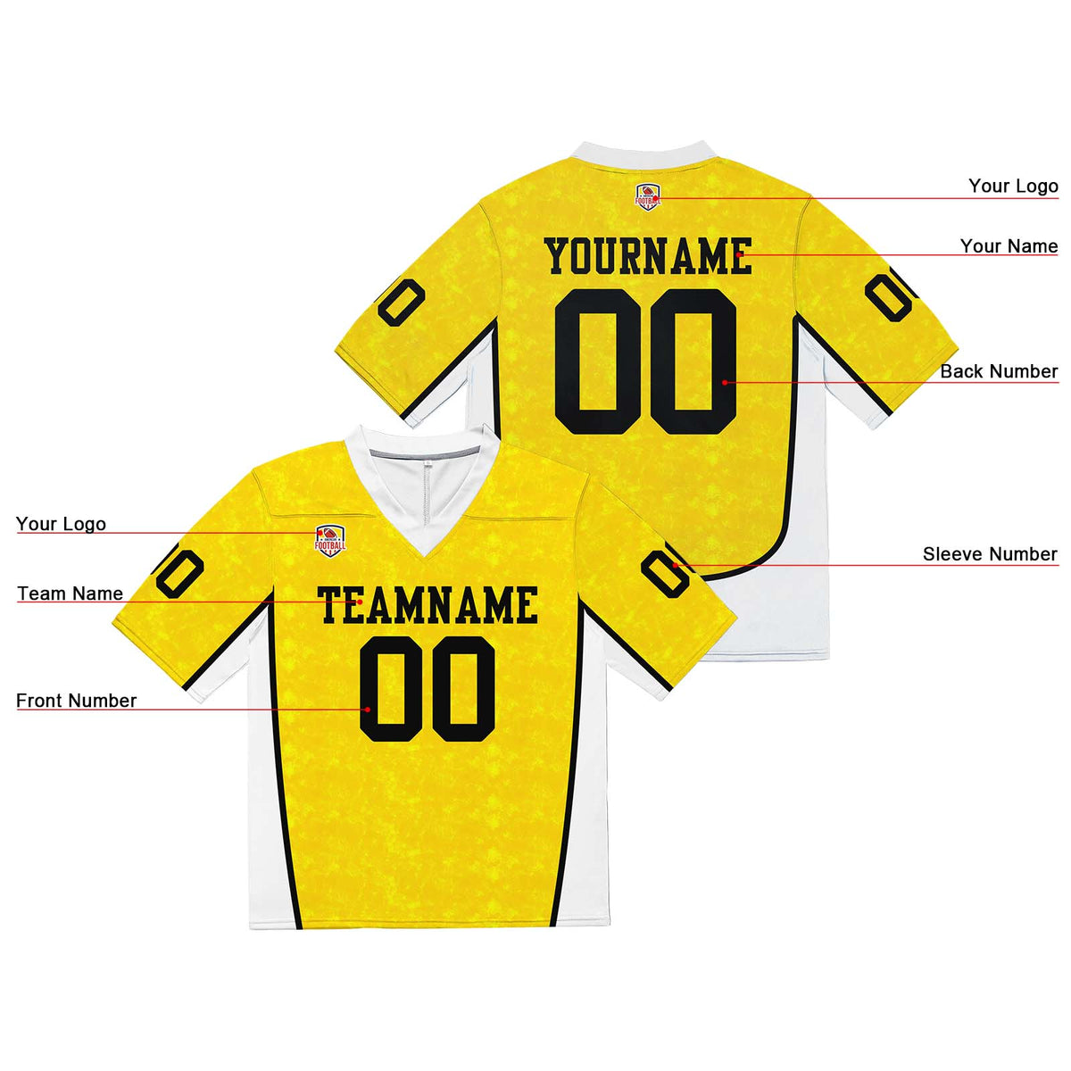 Camiseta de fútbol personalizada con nombre y número del equipo impresos y bordados en color amarillo