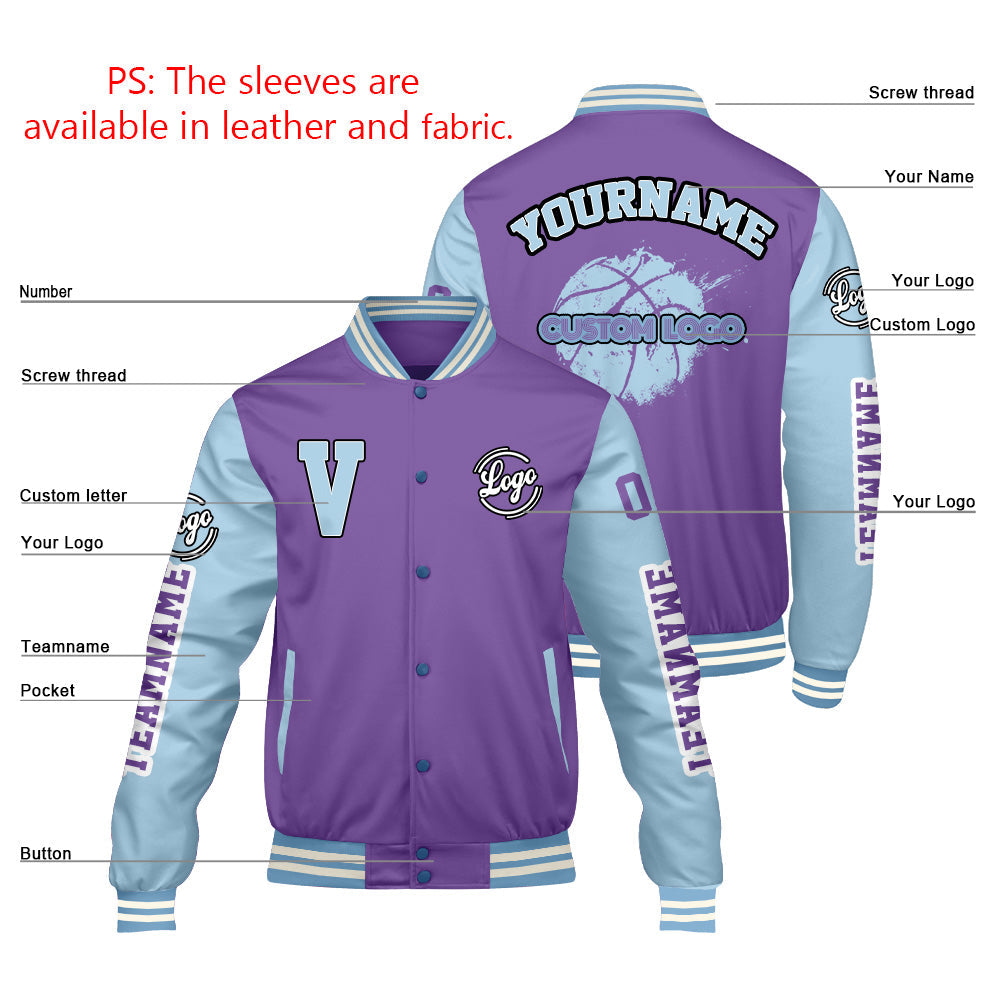 Chaquetas universitarias personalizadas Purple Lion Blue para hombres & mujeres y jóvenes & Chaquetas Letterman personalizadas