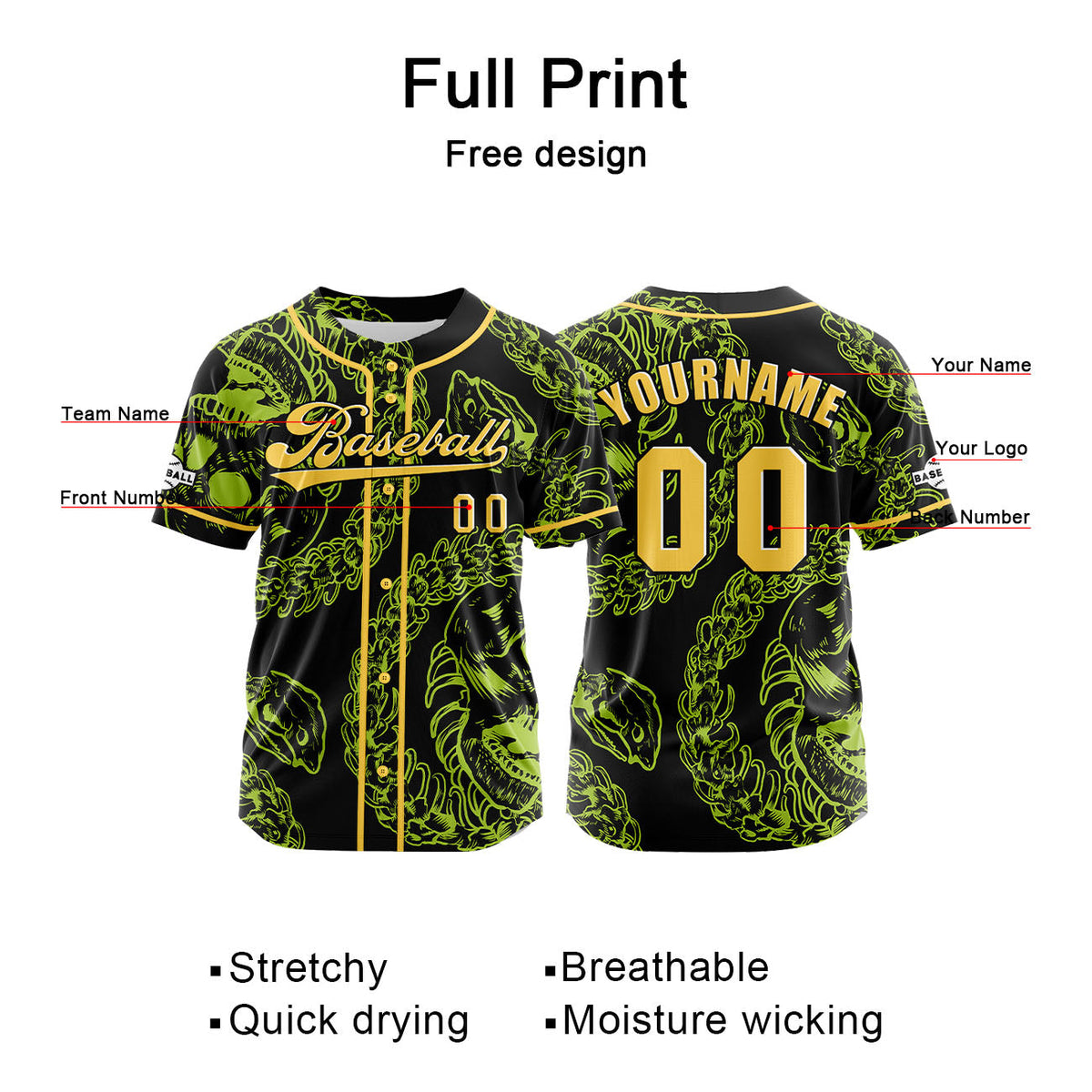 Camiseta de béisbol personalizada amarilla y verde con botones para hombre mujer adulto y joven Estampado de nombre número y logotipo