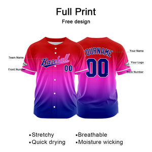 Camiseta de béisbol con dise?o personalizado estampado completo en azul marino morado y rojo