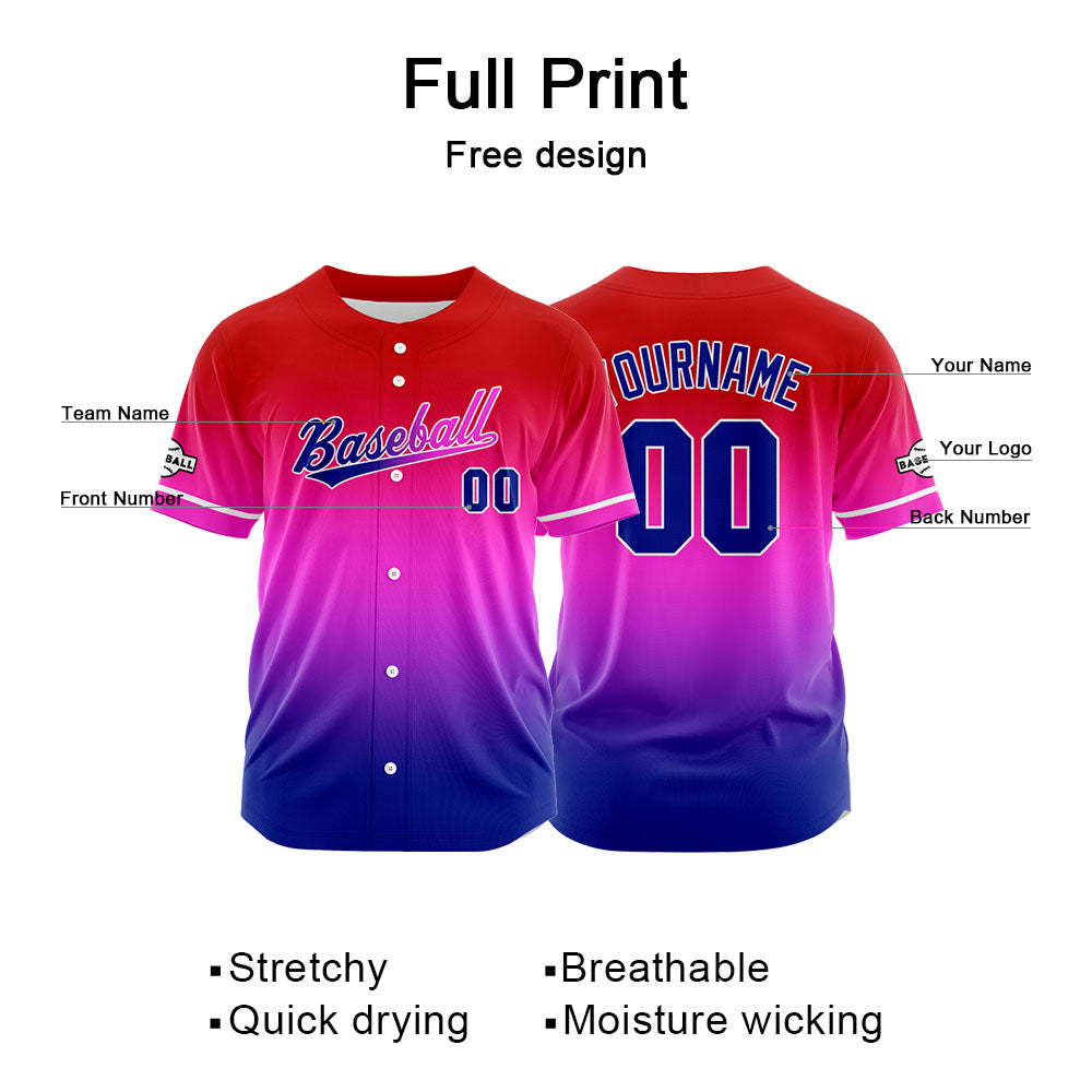 Camiseta de béisbol con dise?o personalizado estampado completo en azul marino morado y rojo