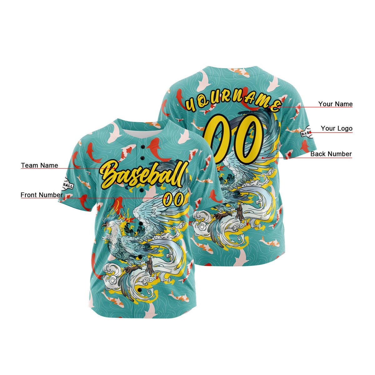 Camiseta de béisbol personalizada color turquesa con botones para hombre mujer adulto y joven Estampado de nombre número y logotipo