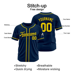 Camiseta de béisbol personalizada con diseño bordado & estilo hip hop & azul marino y amarillo