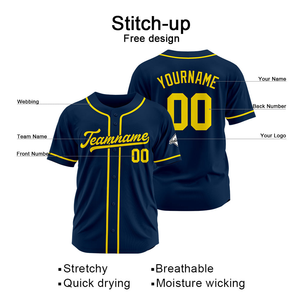 Camiseta de béisbol personalizada con diseño bordado & estilo hip hop & azul marino y amarillo