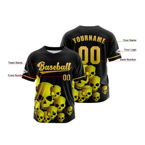 Camiseta de béisbol personalizada negra y amarilla con botones para hombre mujer adulto y joven Estampado de nombre número y logotipo