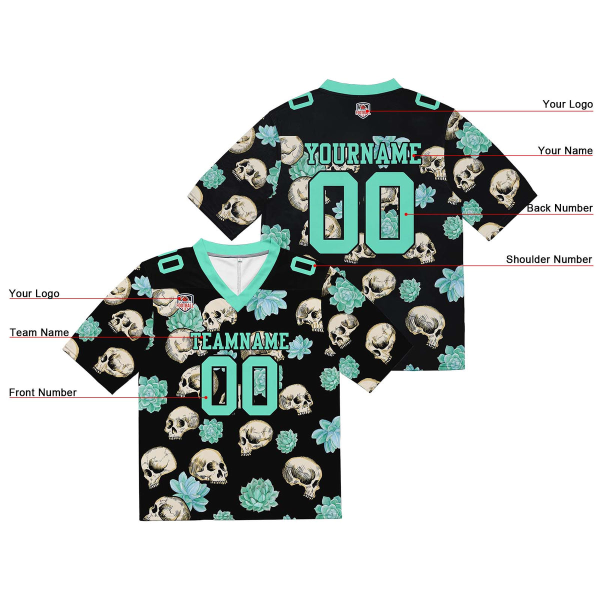 Camiseta de fútbol personalizada con nombre y número del equipo bordados y estampados en forma de calavera -Verde claro
