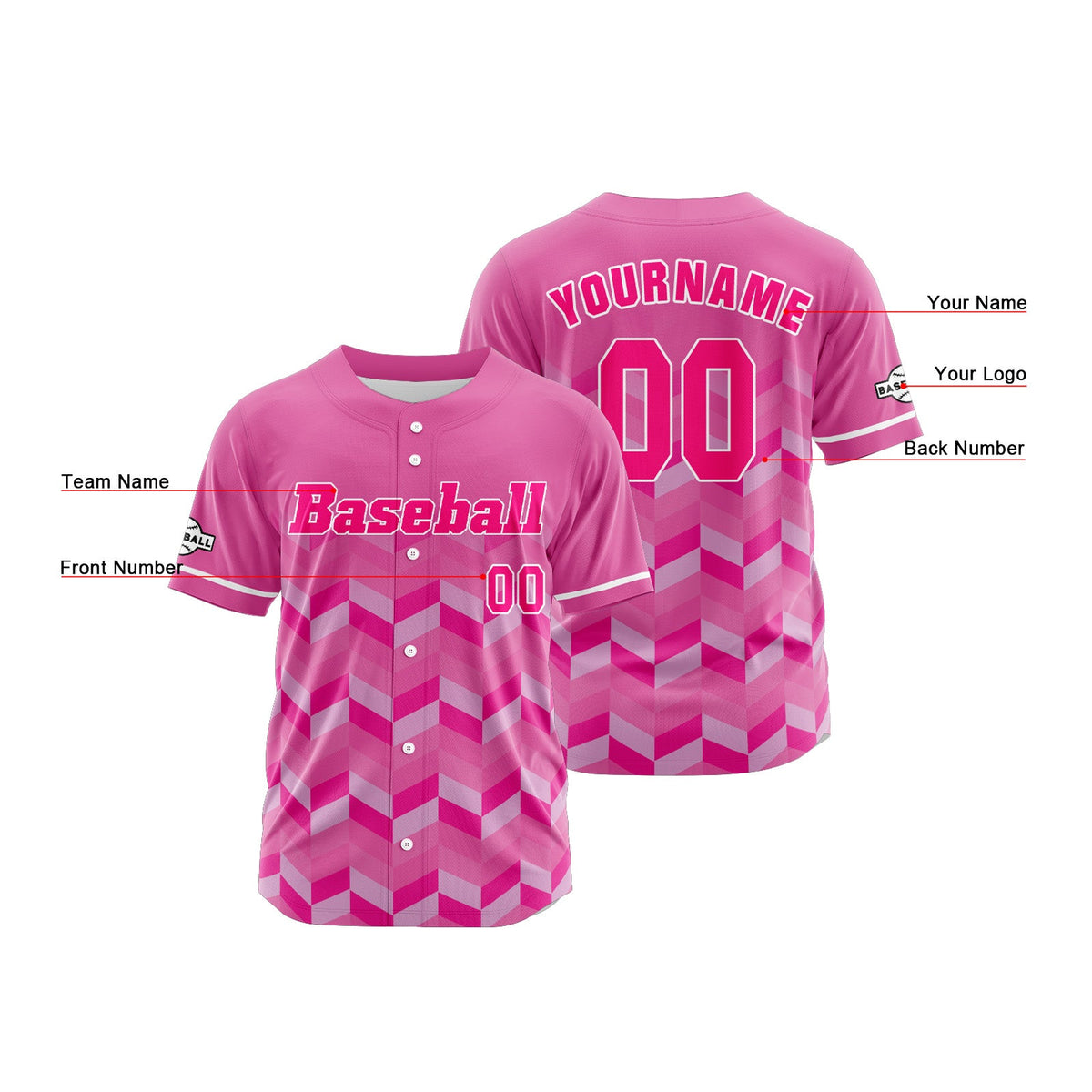 Camiseta de béisbol rosa personalizada con botones para hombre mujer adulto y joven Estampado de nombre número y logotipo