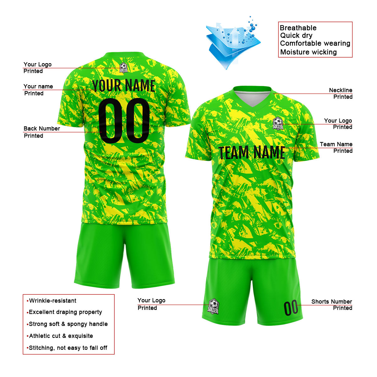 Conjunto personalizado de camiseta de fútbol verde y amarillo para niños y adultos