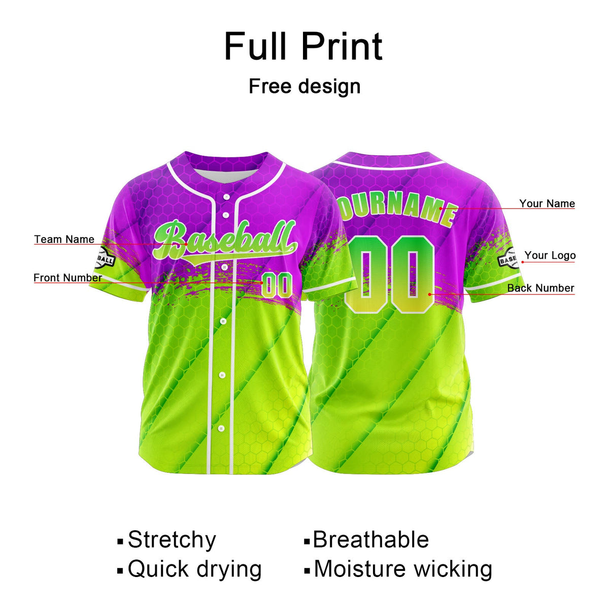 Camiseta de béisbol personalizada de color morado y verde con botones para hombre mujer adulto y joven Estampado de nombre número y logotipo