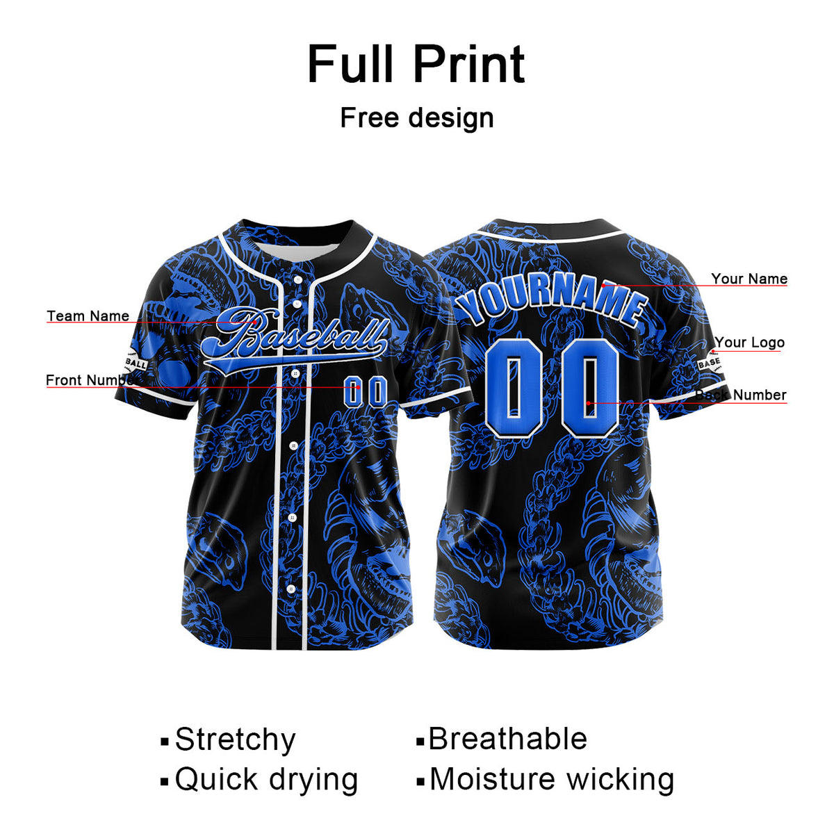 Camiseta de béisbol azul oscuro personalizada con botones para hombre mujer adulto y joven Nombre número y logotipo impresos