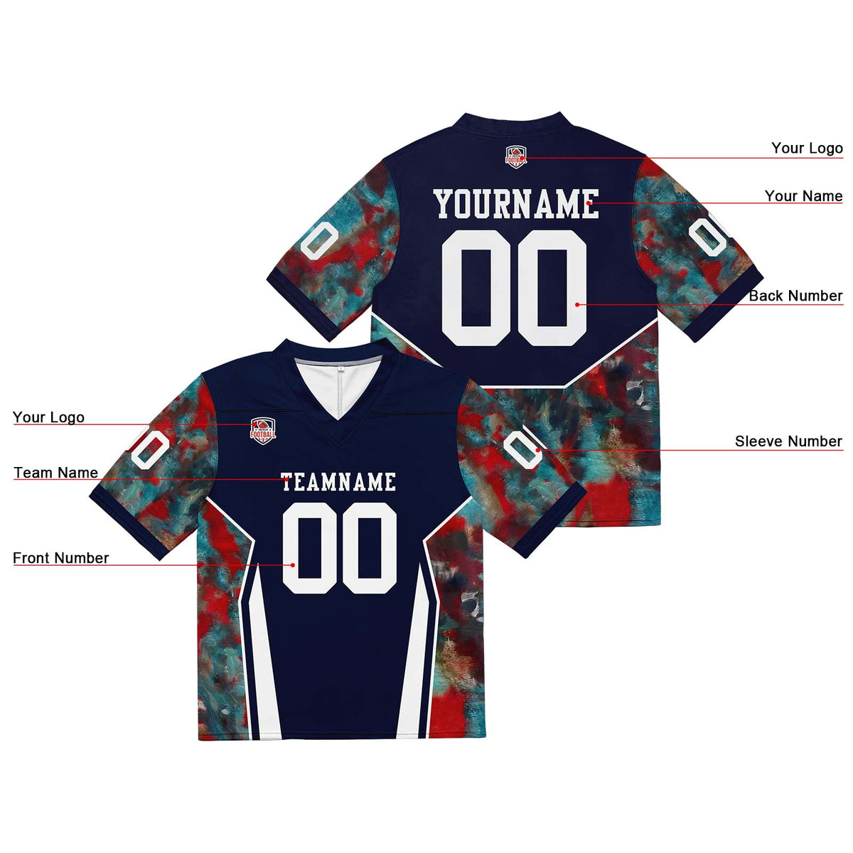 Camiseta de fútbol personalizada con nombre y número del equipo bordados-color azul marino y rojo
