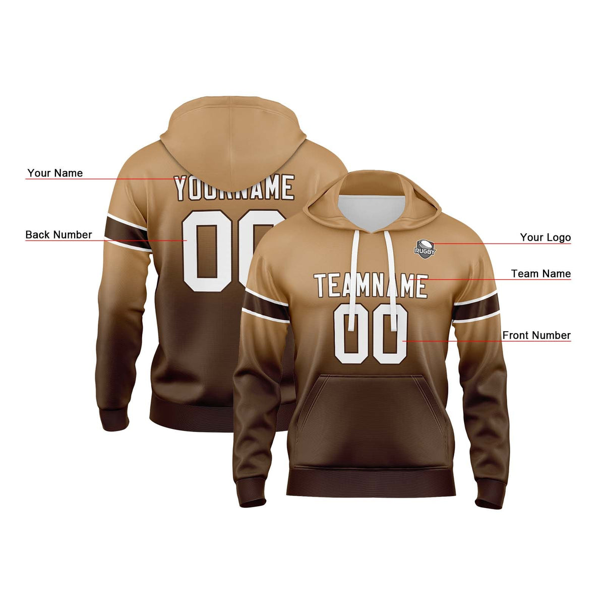 Sudadera con capucha degradada personalizada para hombre-mujer-niña o niño Estampa tu logotipo-nombre o número en color marrón
