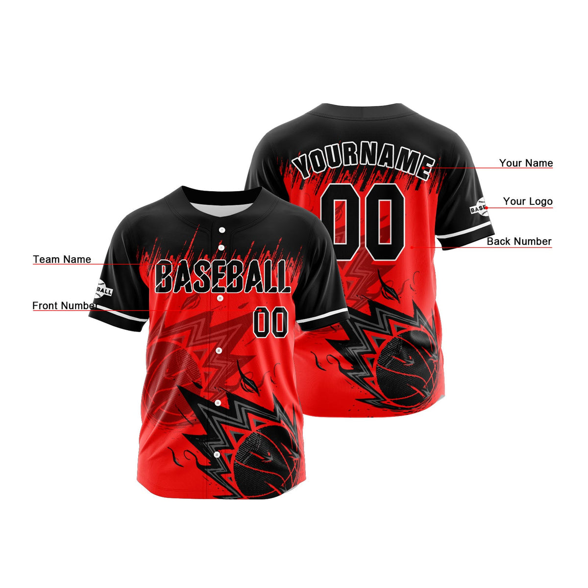 Camiseta de béisbol roja personalizada con botones para hombre mujer adulto y joven Estampado de nombre número y logotipo