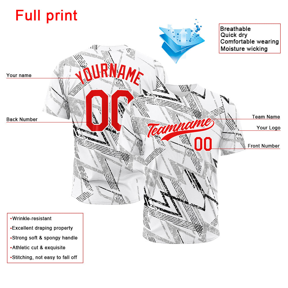 Camiseta de béisbol con dise?o personalizado estampado completo en blanco negro y rojo