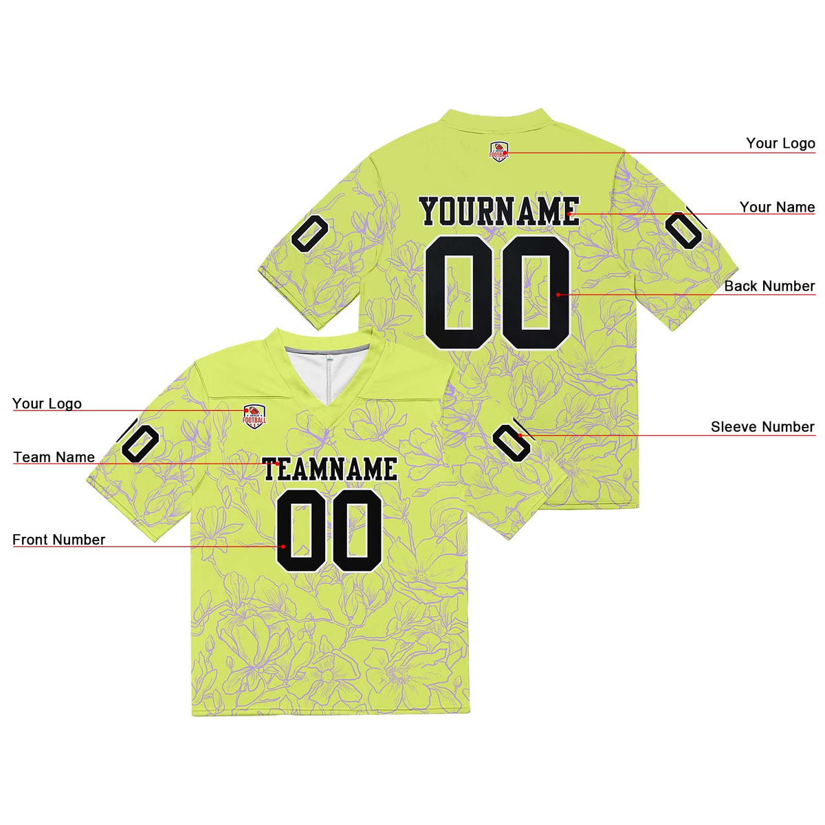 Camiseta de fútbol personalizada con nombre y número del equipo impresos y bordados en color amarillo