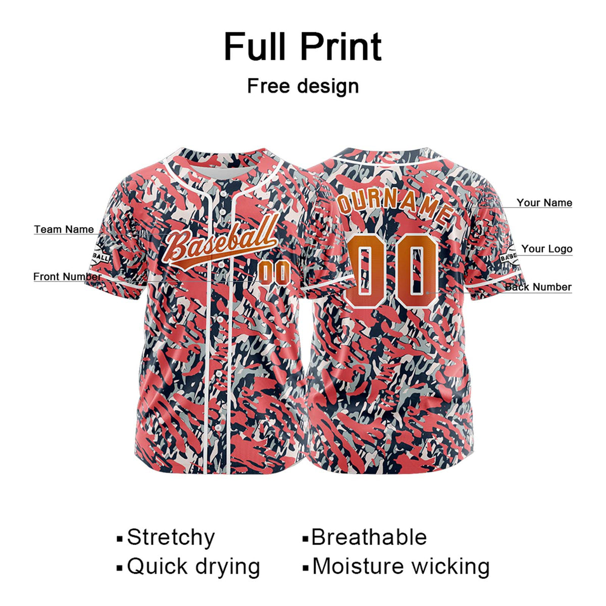 Camiseta de béisbol rosa personalizada con botones para hombre mujer adulto y joven Estampado de nombre número y logotipo