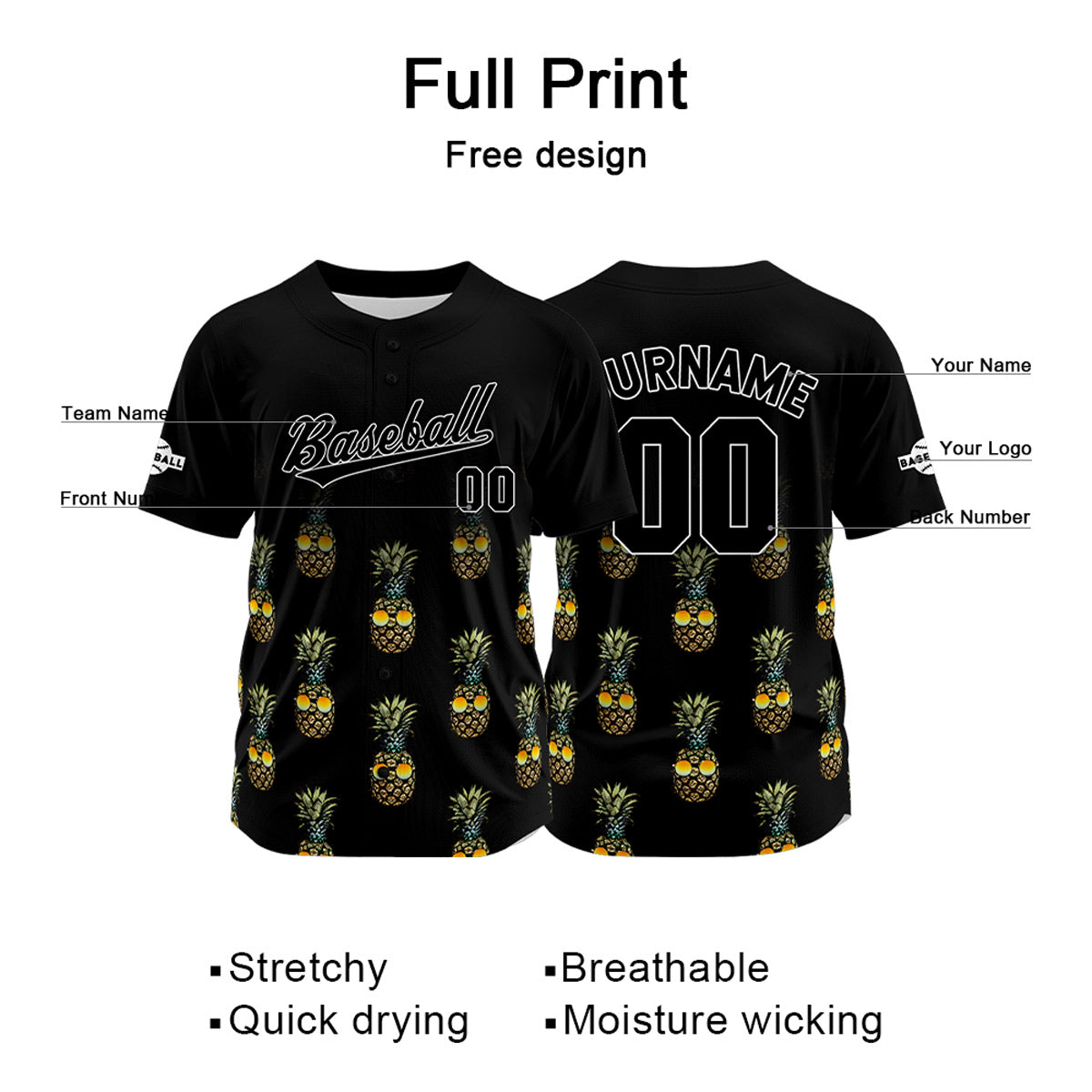 Camiseta de béisbol negra personalizada con nombre número y logotipo personalizados