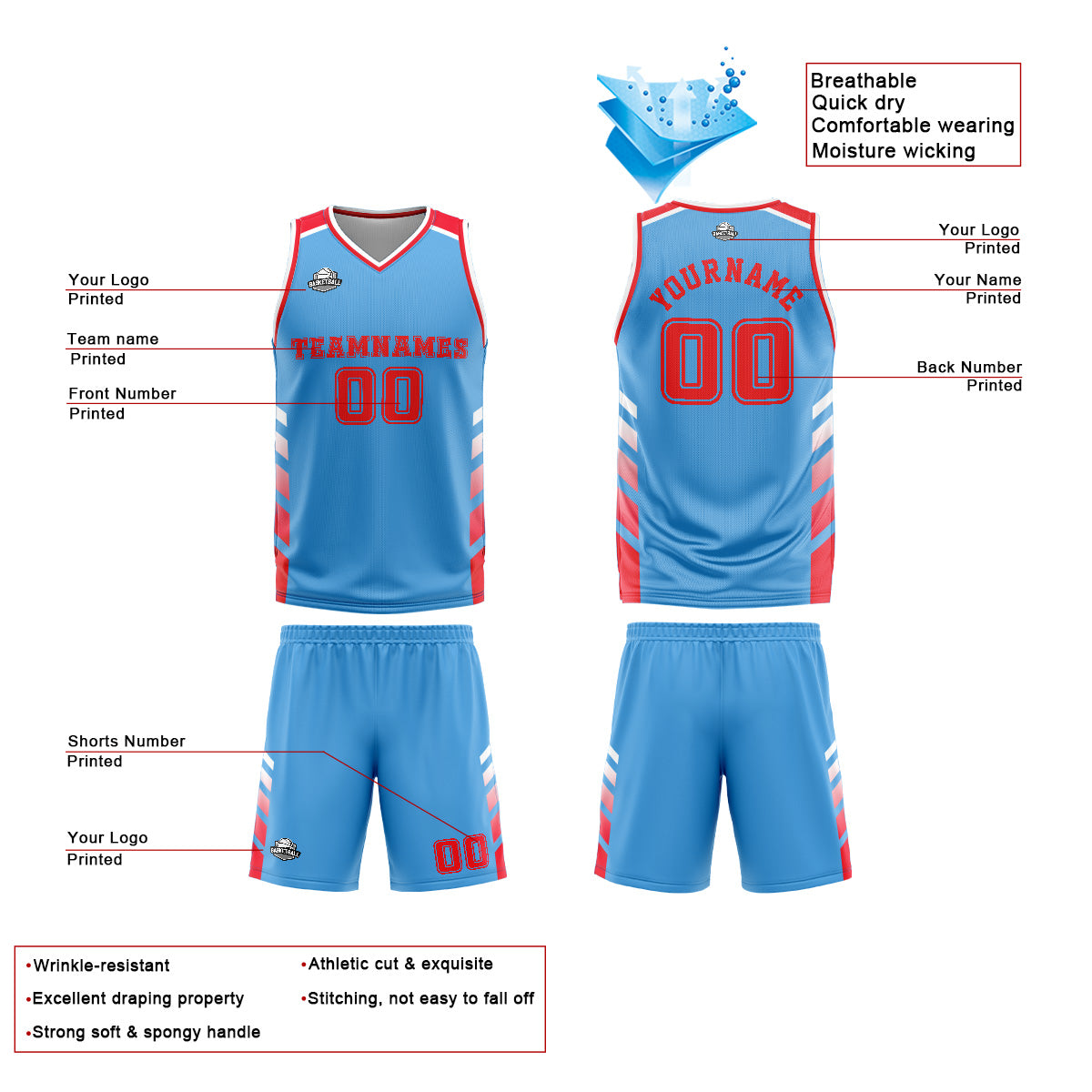 Uniforme de baloncesto personalizado azul y rojo con tu logotipo-nombre y número impresos