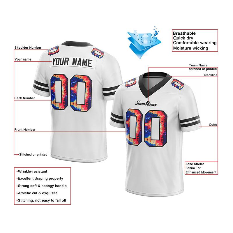 customized authentic tie dye football jersey white black mesh