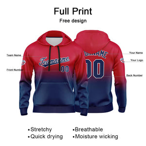 Sudadera con capucha personalizada con degradado para hombre-mujer-niña o niño Estampa tu logotipo-nombre o número Color rojo y azul marino