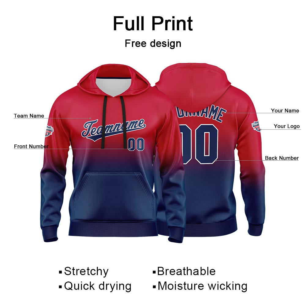 Sudadera con capucha personalizada con degradado para hombre-mujer-niña o niño Estampa tu logotipo-nombre o número Color rojo y azul marino