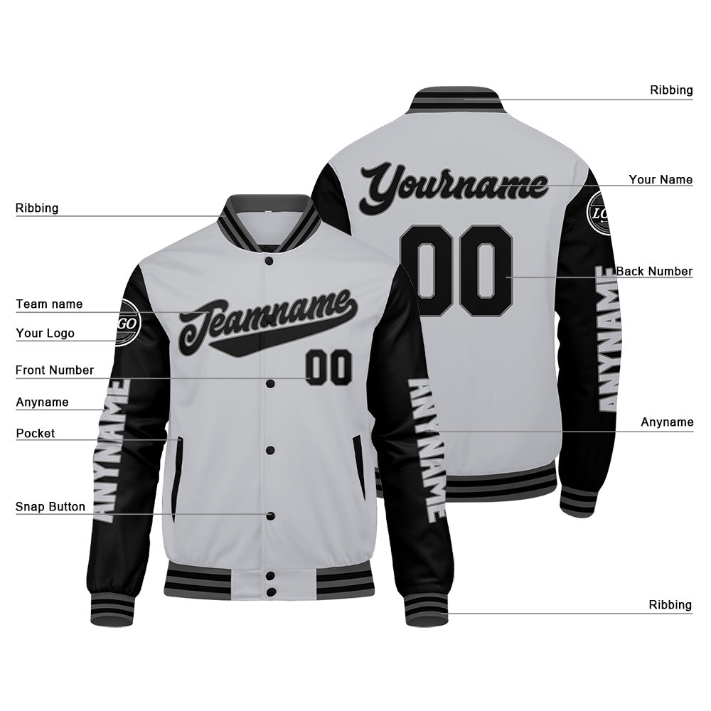 Chaquetas universitarias personalizadas en gris y negro para hombres & mujeres y jóvenes & Chaquetas Letterman personalizadas