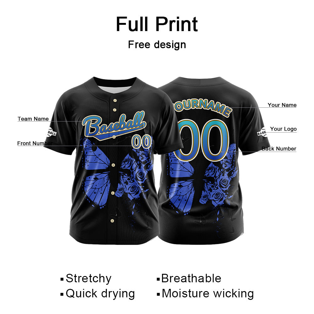 Camiseta de béisbol negra personalizada con botones para hombre mujer adulto y joven Nombre número y logotipo impresos