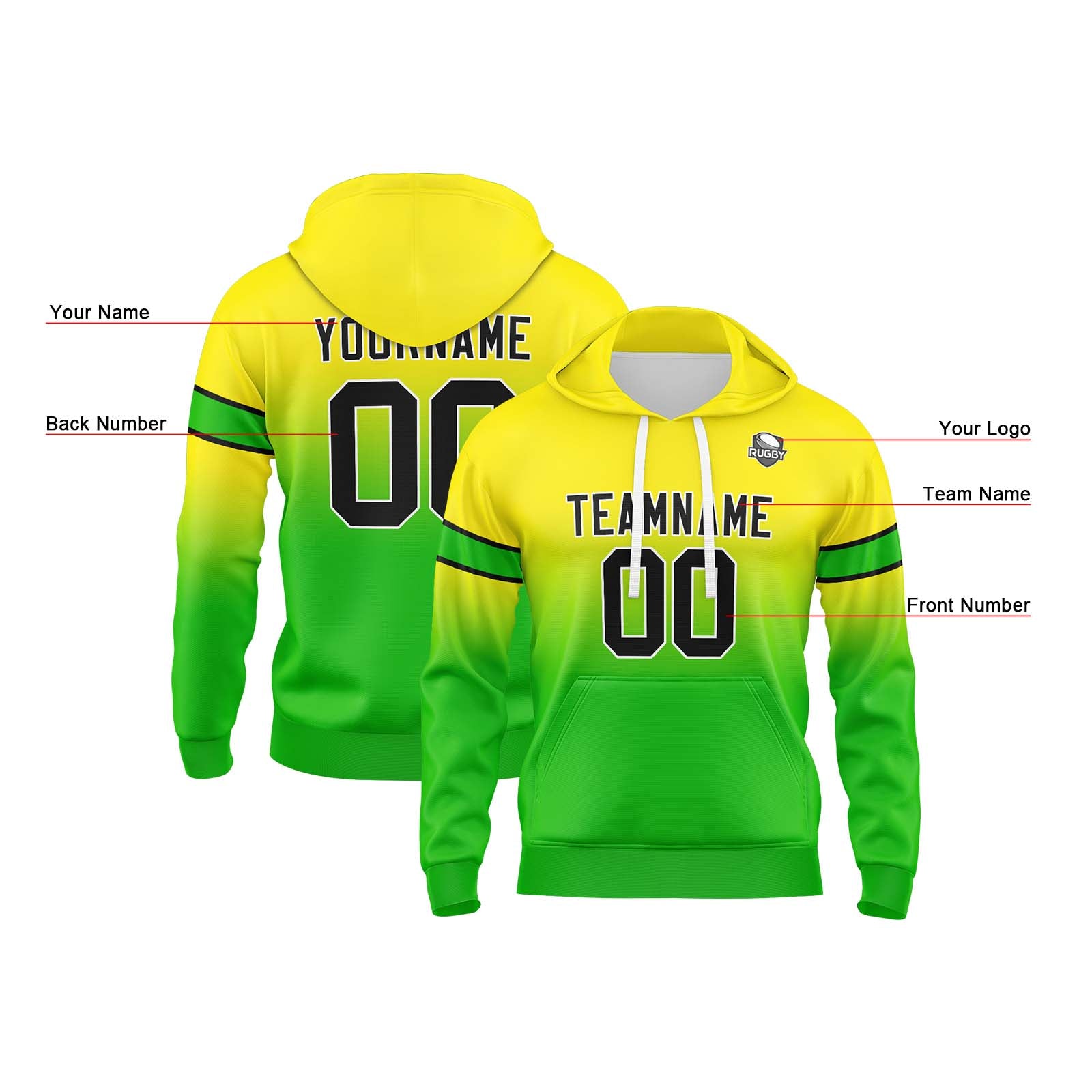 Sudadera con capucha degradada personalizada para hombre-mujer-niña o niño Estampa tu logotipo-nombre y número en amarillo y verde