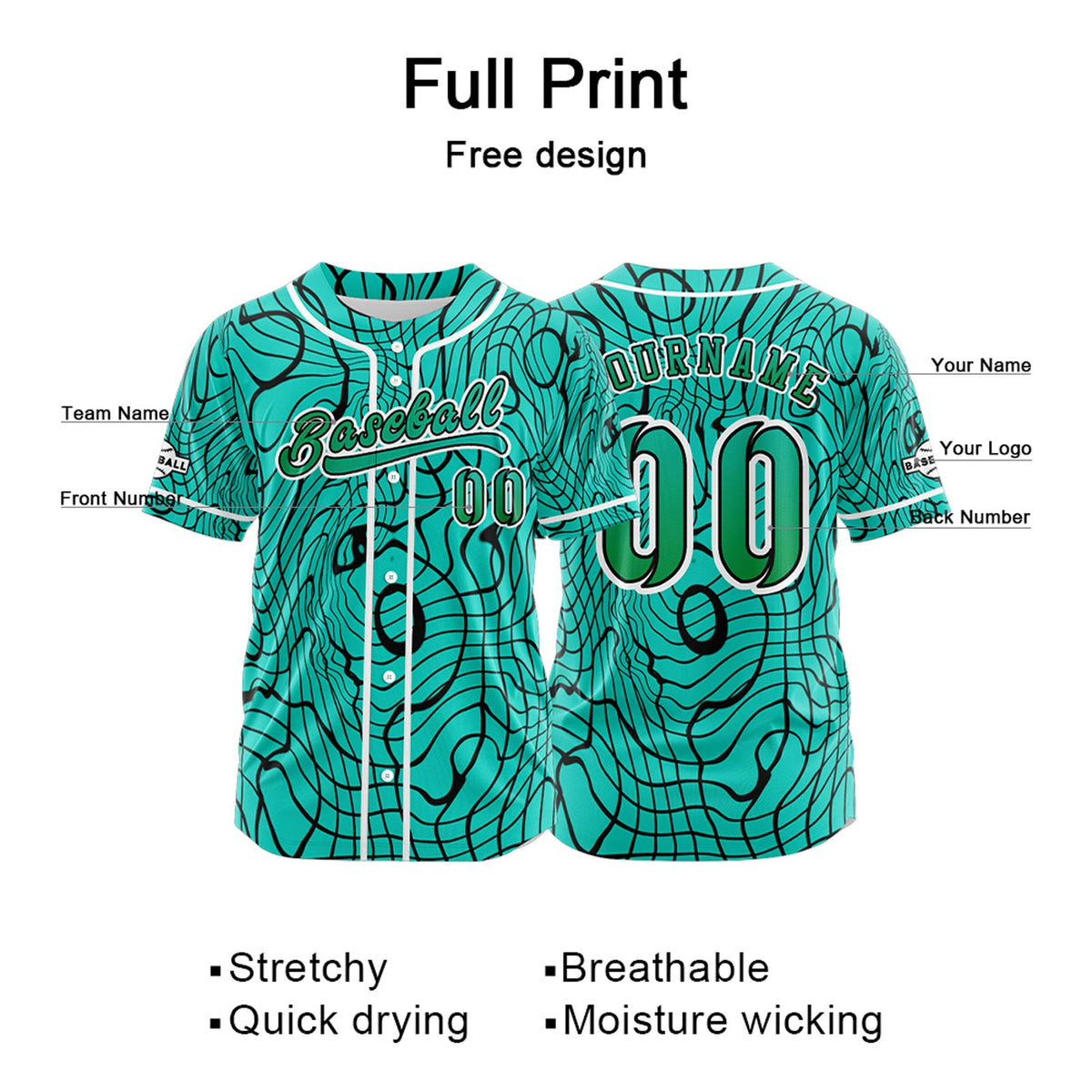 Camiseta de béisbol personalizada color cian con botones para hombre mujer adulto y joven Estampado de nombre número y logotipo