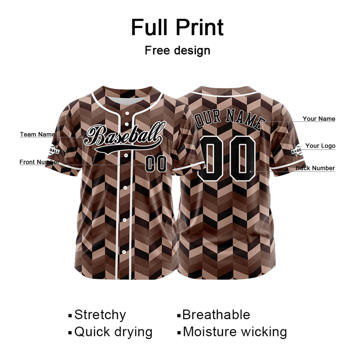 Camiseta de béisbol personalizada marrón con botones para hombre mujer adulto y joven Estampado de nombre número y logotipo