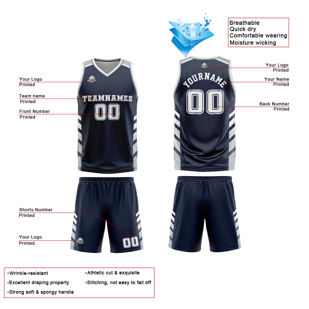Uniforme de baloncesto personalizado azul marino gris con tu logotipo-nombre y número impresos