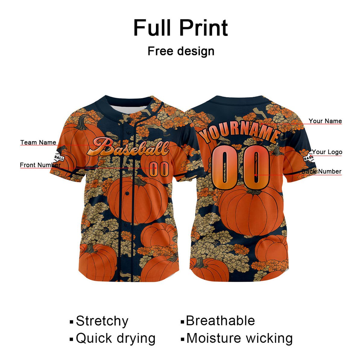 Camiseta de béisbol naranja personalizada con nombre número y logotipo personalizados