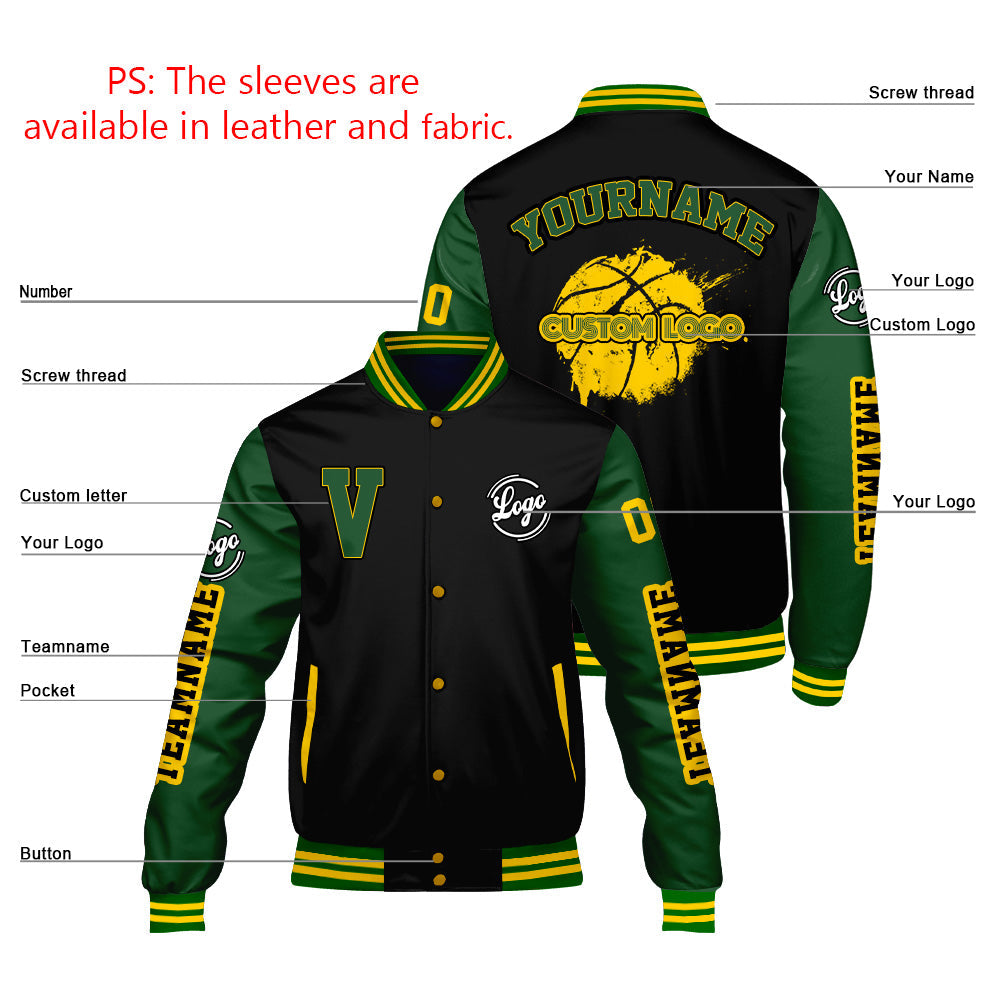Chaquetas universitarias personalizadas en negro y verde para hombres & mujeres y jóvenes & Chaquetas Letterman personalizadas