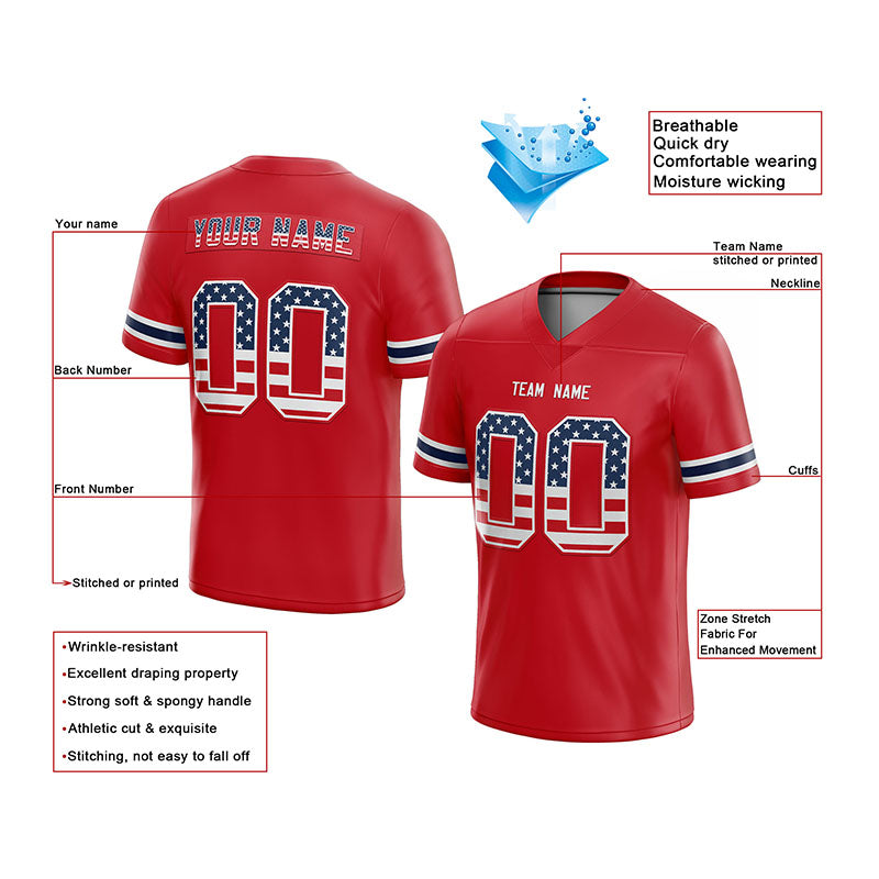 team customized authentic usa flag football jersey navy-red-white mesh