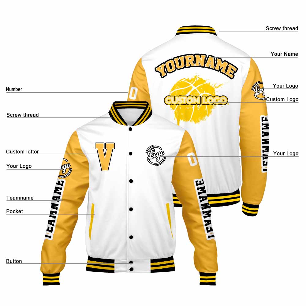 Chaquetas universitarias blancas y amarillas personalizadas para hombres & mujeres y jóvenes & Chaquetas Letterman personalizadas