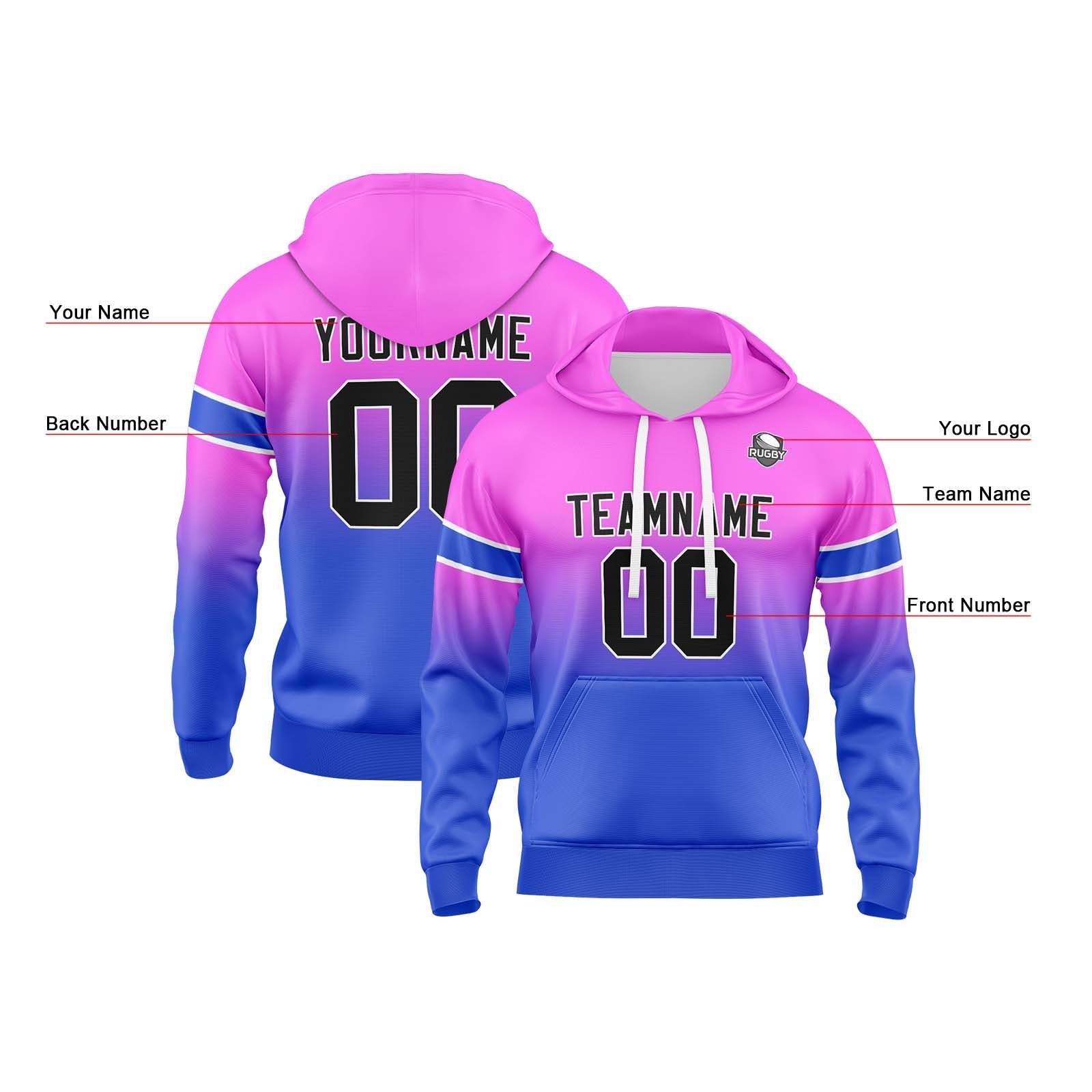 Sudadera con capucha personalizada con degradado para hombre-mujer-niña o niño Estampa tu logotipo-nombre y número en rosa y azul