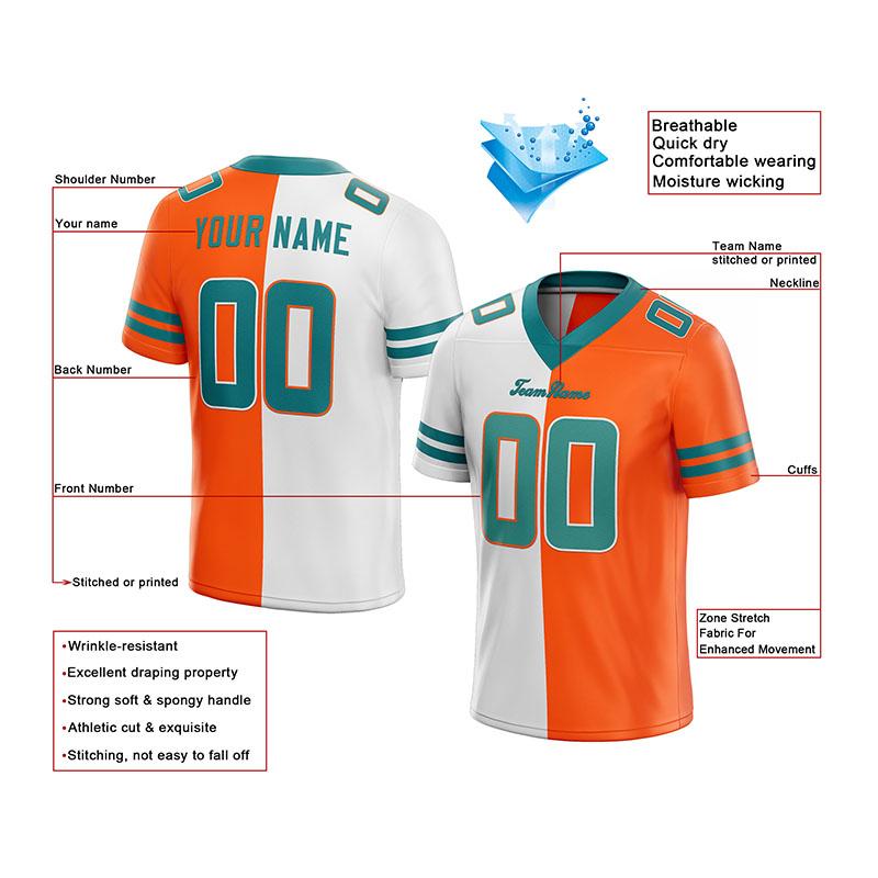 custom authentic split fashion football jersey orange-white-aqua mesh