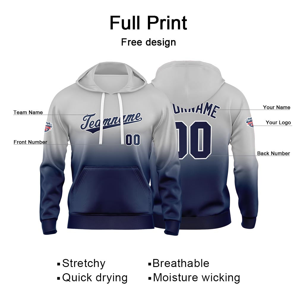 Sudadera con capucha personalizada con degradado para hombre-mujer-niña o niño Estampa tu logotipo-nombre o número Gris y azul marino